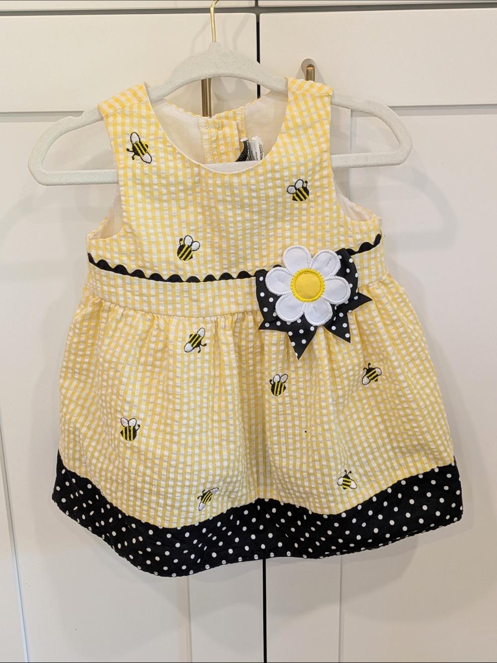 Yellow Bee Embroidered Baby Dress with Daisy Accent